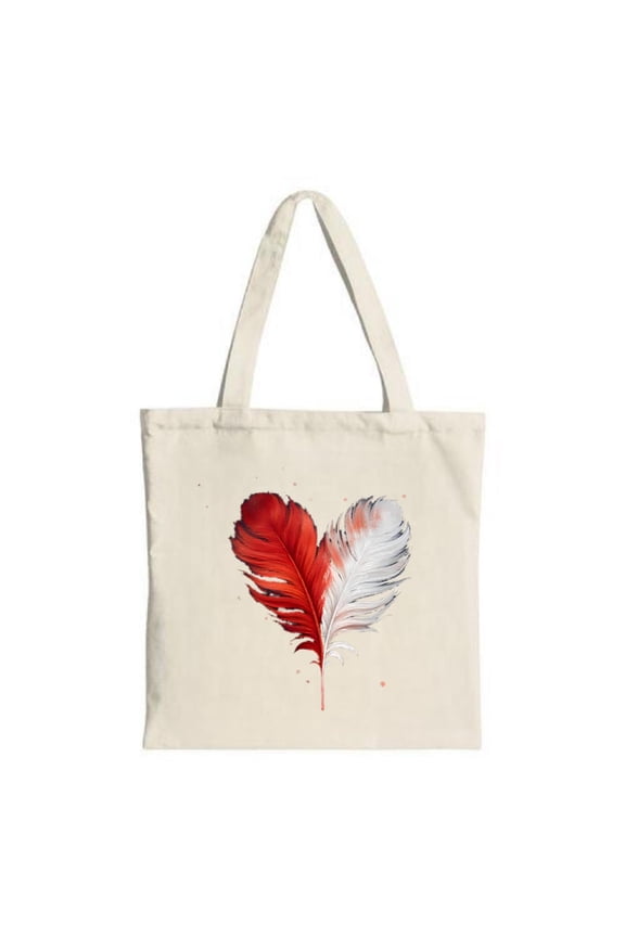 Stylish Canvas Tote Bag with Intricate Red & White Feather Heart Design - Perfect for Shopping Travel and Parties