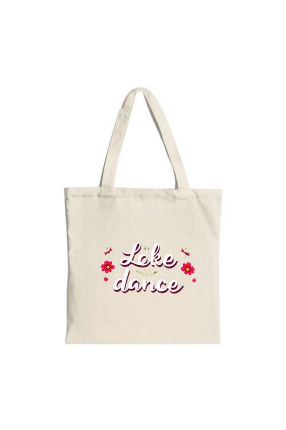 Stylish Canvas Tote Bag with " Lake Dance " in cursive pink adorned with vibrant red and green flowers perfect for shopping and travel
