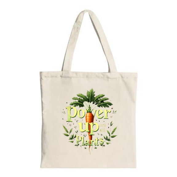 Stylish Canvas Tote Bag with Large Carrot Design Surrounded by Green Leaves & Plants - Perfect for Shopping Travel & Parties