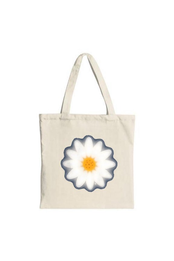 Stylish Canvas Tote Bag with Large Daisy Design - White Petals Yellow Center Blue Outline on Light Beige - Perfect for Shopping & Travel