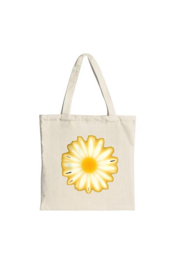 Stylish Canvas Tote Bag with Large Yellow Daisy Design White Petals on Off - White Background Perfect for Shopping and Travel
