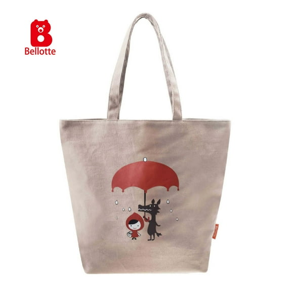 Stylish Canvas Tote Bag with Little Red Riding Hood Linen Reusable Shopping Bag, Cream