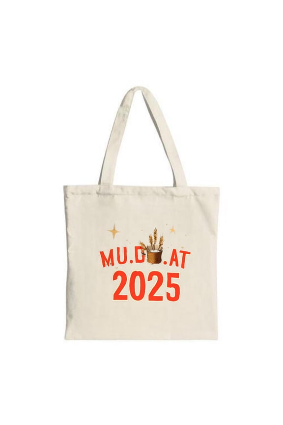 Stylish Canvas Tote Bag with " MU D AT 2025 " in bold red featuring a brown cup with wheat and stars perfect for shopping and travel
