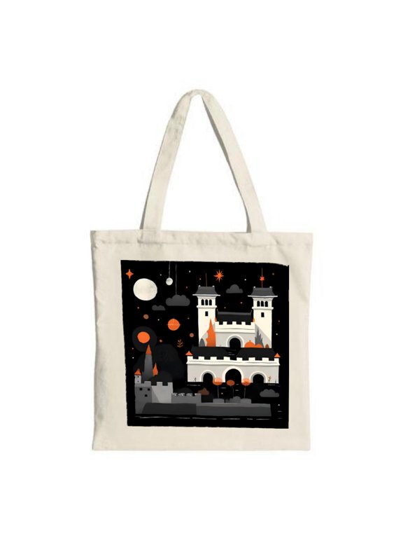 Stylish Canvas Tote Bag with Minimalist Night Scene Design: White Castle Arched Bridge Stars & Moon - Perfect for Shopping & Travel