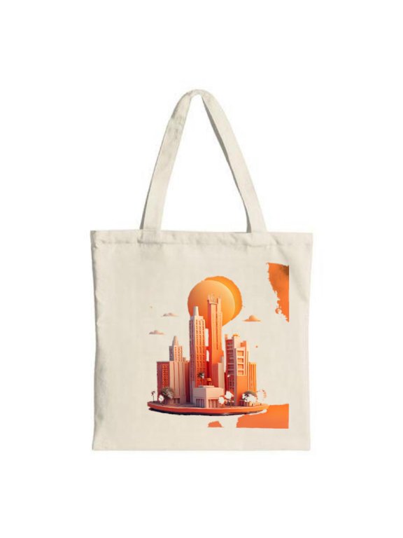 Stylish Canvas Tote Bag with Modern City Skyline Design & Vibrant Orange Sun - Perfect for Shopping Travel & Parties
