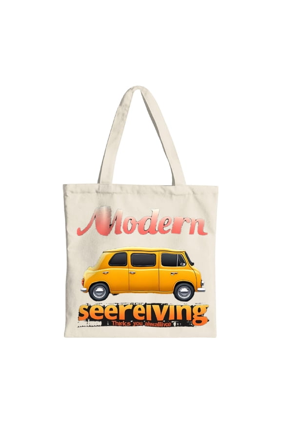 Stylish Canvas Tote Bag with Modern Graphic Design - Yellow Classic Van & Bold ' seerelvving ' Text - Perfect for Shopping Travel & Parties