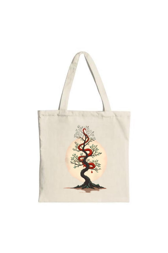 Stylish Canvas Tote Bag with Moonlit Tree and Red Snake Design - Perfect for Shopping Travel and Parties - Reusable & Multifunctional
