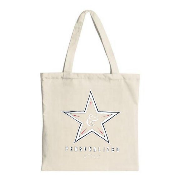 Stylish Canvas Tote Bag with Navy Blue Star Design & Cursive ' & ' - Personalized Style for Shopping Travel & Parties - Light Beige Background