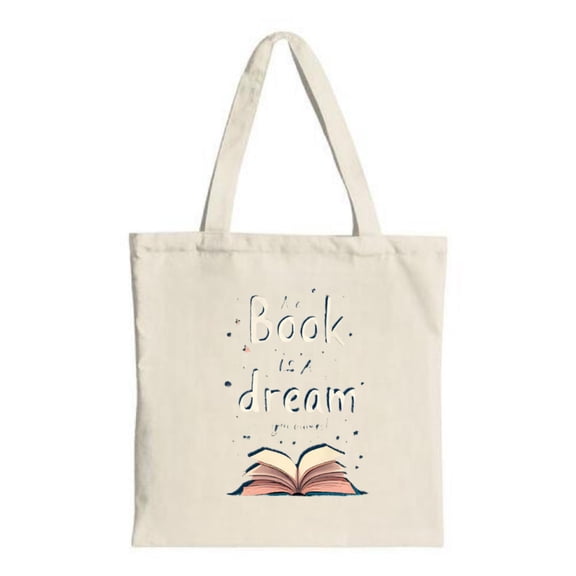 Stylish Canvas Tote Bag with Open Book Design & " Book is my dream " Phrase Soft Pink & Blue Colors Perfect for Shopping & Travel