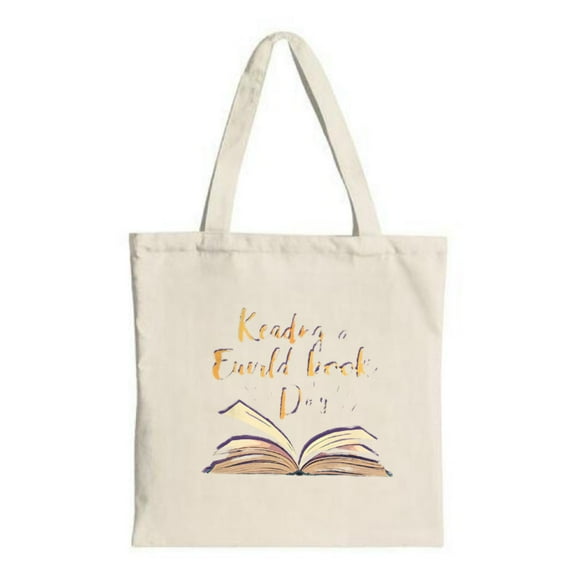 Stylish Canvas Tote Bag with Open Book Design & Playful ' Reading a World Book Day ' Text - Perfect for Shopping Travel & Parties
