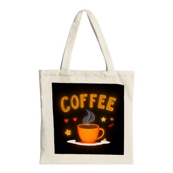 Stylish Canvas Tote Bag with Orange Coffee Cup Design Hearts & Stars ' COFFEE ' in Glowing Yellow - Perfect for Shopping & Travel