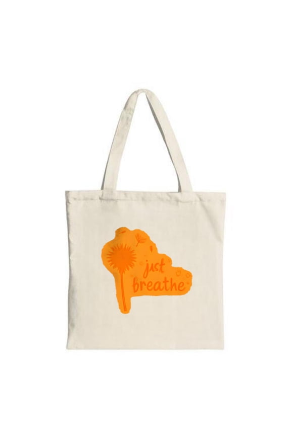 Stylish Canvas Tote Bag with Orange & White Graphic: Features a sun and cloud design with ' just breathe ' text perfect for shopping and travel