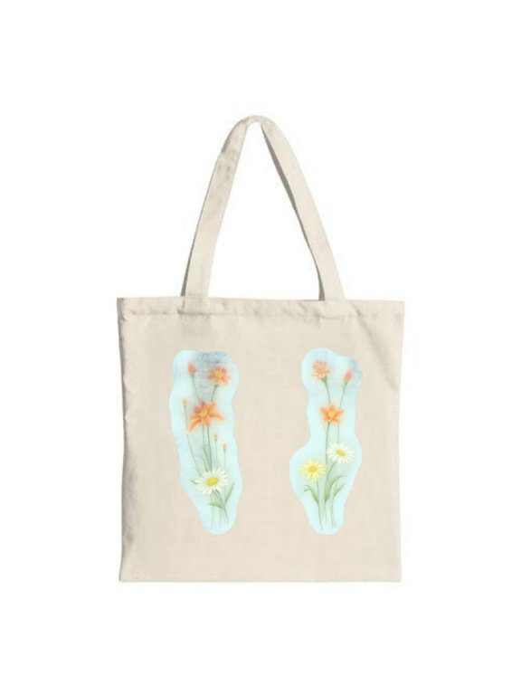 Stylish Canvas Tote Bag with Orange & Yellow Flowers Green Stems White Daisies on Soft Blue - Perfect for Shopping & Travel