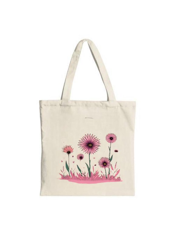 Stylish Canvas Tote Bag with Pink Flower Design Green Stems & Heart Accents - Perfect for Shopping Travel & Parties