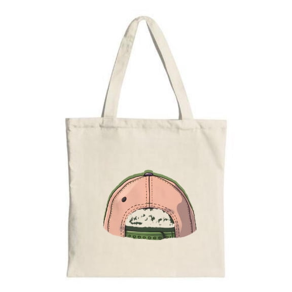 Stylish Canvas Tote Bag with Pink & Green Baseball Cap Design Stitched Seam & Patch Perfect for Shopping Travel & Parties