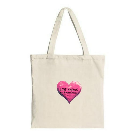 Stylish Canvas Tote Bag with Pink Heart Design & " LOVE KNOWS No Boundaries " Text - Perfect for Shopping Travel & Parties