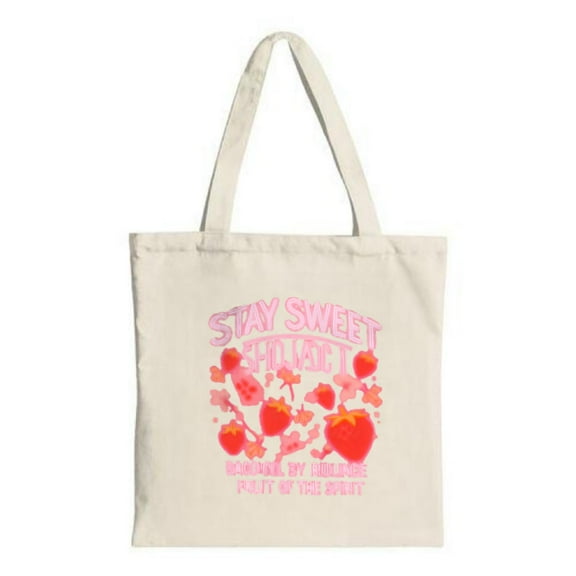 Stylish Canvas Tote Bag with Pink Strawberry Design & " STAY SWEET " Text - Perfect for Shopping Travel & Parties