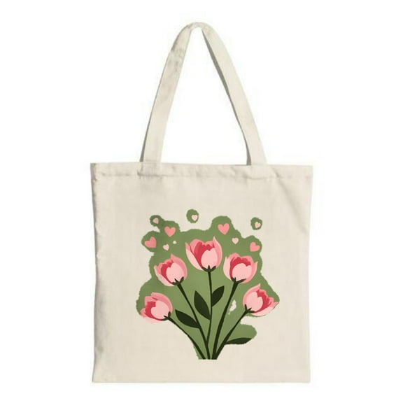 Stylish Canvas Tote Bag with Pink Tulips and Hearts on Green Perfect for Shopping Travel and Parties - Reusable and Multifunctional