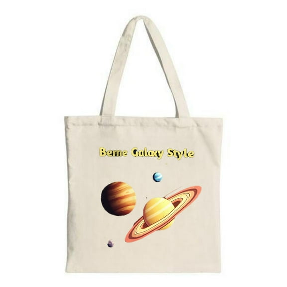 Stylish Canvas Tote Bag with Planet Design Featuring a Striped Planet with Rings & Bold ' Bame Galaxy Style ' Text - Perfect for Shopping & Travel