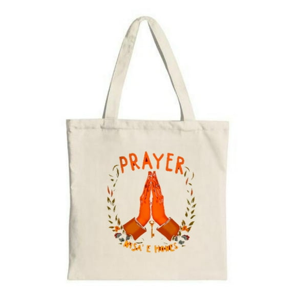Stylish Canvas Tote Bag with Prayer Hands Design Surrounded by Leaves & Flowers Perfect for Shopping Travel & Parties