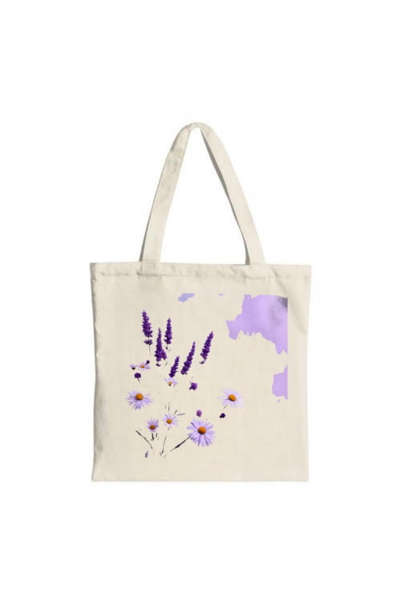 Stylish Canvas Tote Bag with Purple Lavender and Daisy Floral Design Perfect for Shopping Travel and Parties - Reusable & Multifunctional