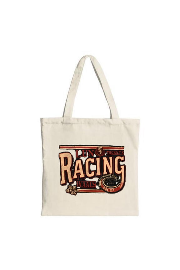 Stylish Canvas Tote Bag with ' RUN 3 CHCKS ' RACING ' in bold lettering adorned with floral and racing motifs perfect for shopping and travel