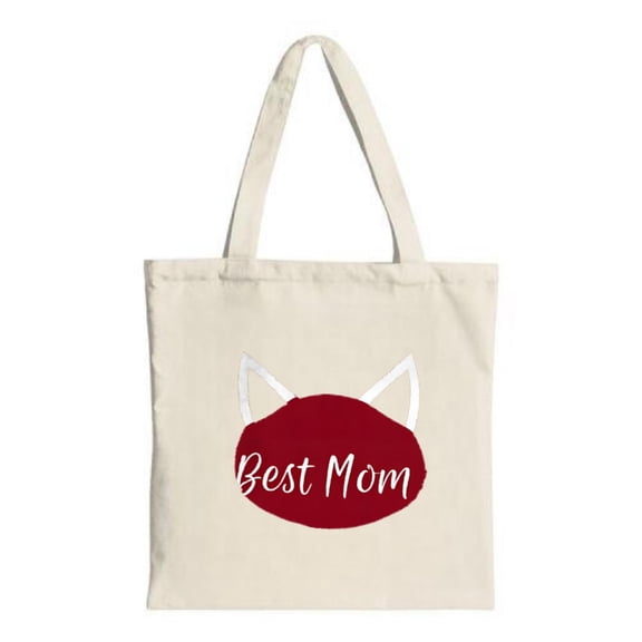 Stylish Canvas Tote Bag with Red Oval Design Featuring a Cute White Cat Face and ' Best Mom ' in Cursive - Perfect for Shopping and Travel
