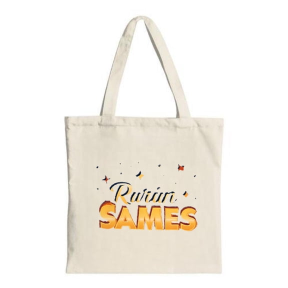 Stylish Canvas Tote Bag with " Ruwan SAMES " in whimsical text adorned with stars and a perfect for shopping and travel