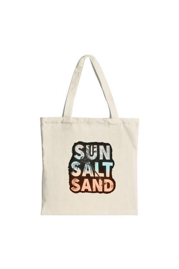 Stylish Canvas Tote Bag with " SUN SALT SAND " in bold text featuring a beachy gradient of beige and brown perfect for travel and shopping