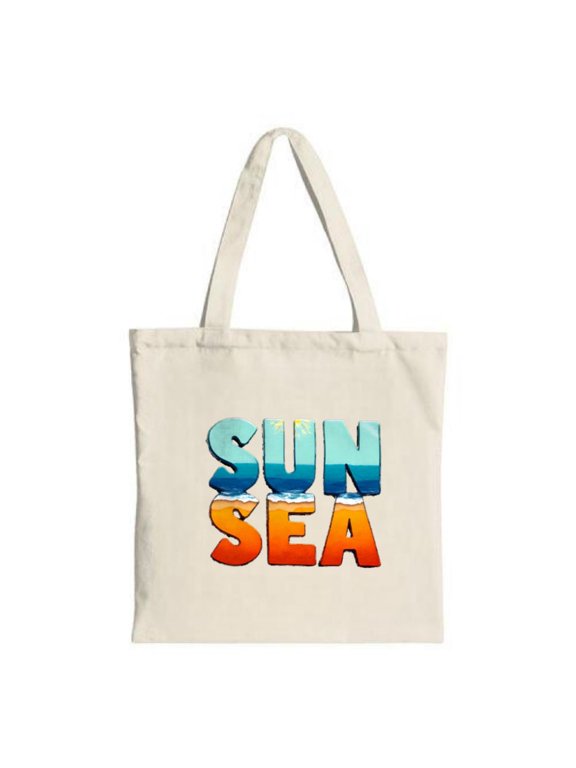 Stylish Canvas Tote Bag with " SUN SEA " in vibrant light blue and orange featuring a sunset gradient on a white background