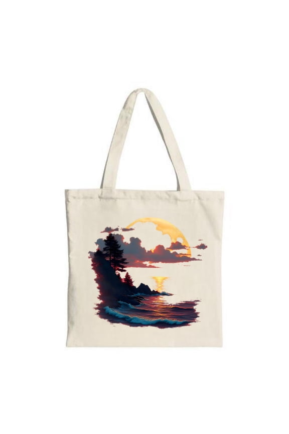 Stylish Canvas Tote Bag with Serene Coastal Scene Design - Perfect for Travel Shopping and Parties - Multifunctional & Reusable $13.00