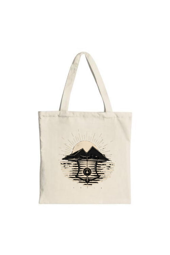 Stylish Canvas Tote Bag with Serene Mountain and Sun Design Perfect for Travel Shopping and Parties - Eco-Friendly & Reusable