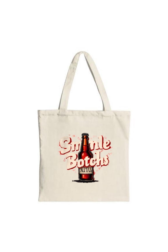 Stylish Canvas Tote Bag with " Simple Bots " in bold red and a brown bottle illustration perfect for shopping travel and parties