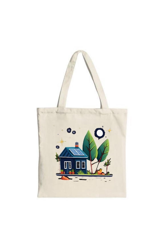 Stylish Canvas Tote Bag with Solar House Design Surrounded by Trees & Stars - Perfect for Shopping Travel & Parties