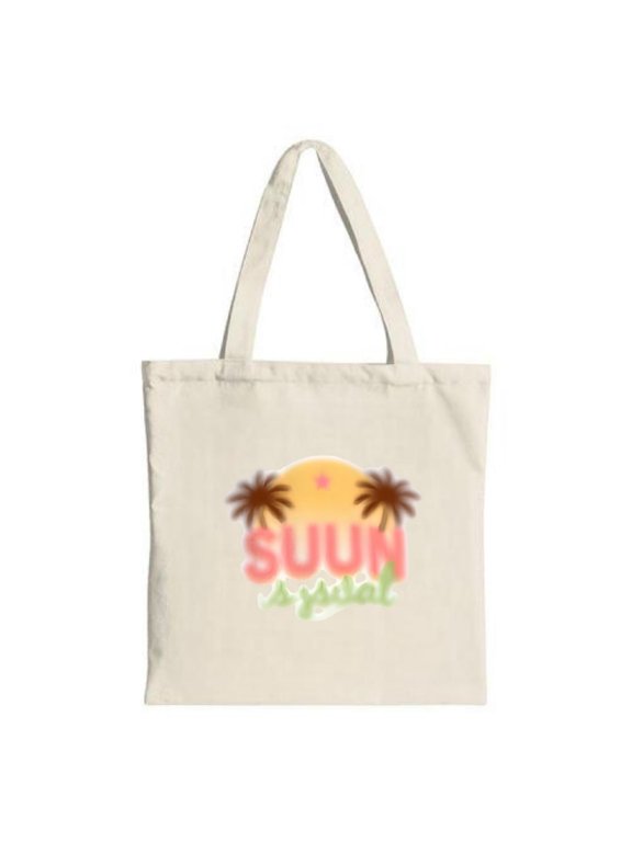 Stylish Canvas Tote Bag with Sun & Palm Trees Design ' SUUN ' in Pink & Green on Light Beige - Perfect for Shopping Travel & Parties