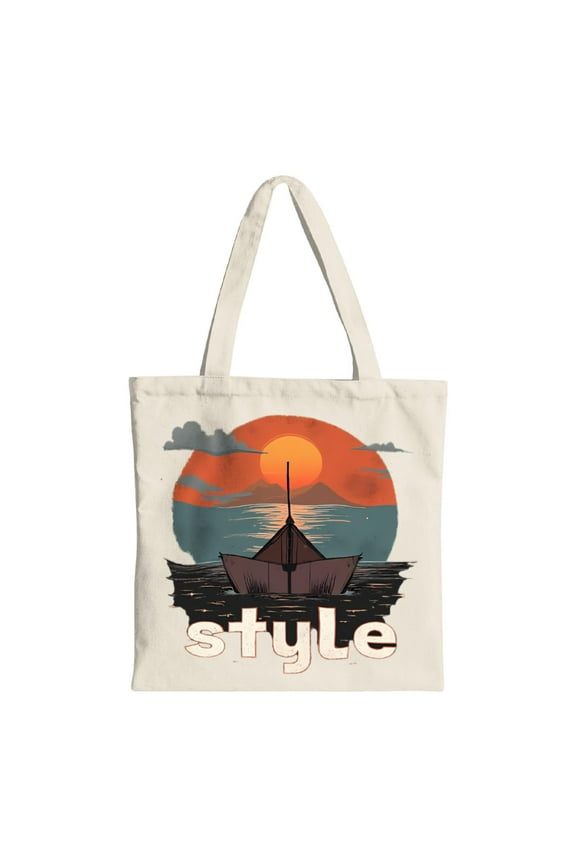 Stylish Canvas Tote Bag with Sunset Boat Design - Multifunctional Reusable Shopping Bag for Parties Travel & Everyday Use