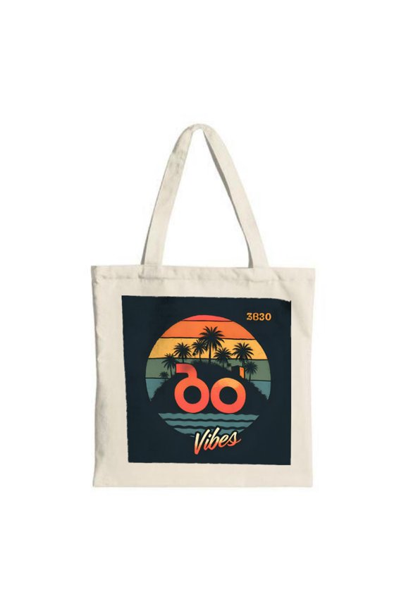 Stylish Canvas Tote Bag with Sunset Stripes Circular Palm Tree Design & ' 80 ' Center Perfect for Parties Travel & Shopping