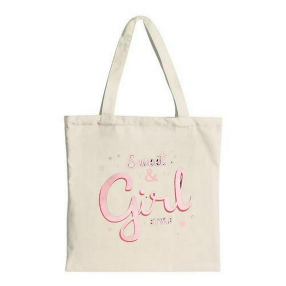 Stylish Canvas Tote Bag with ' Sweet & Style ' in pink cursive adorned with stars and sparkles Perfect for shopping and travel