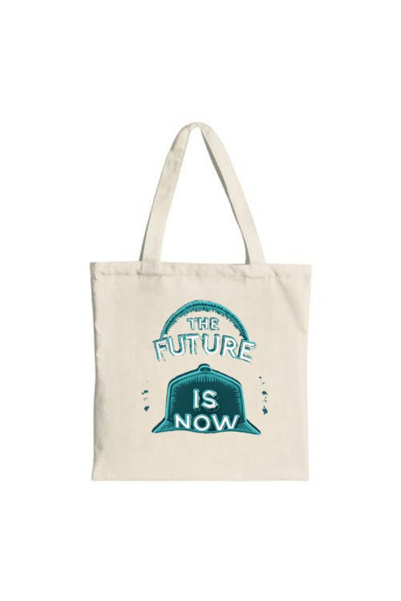 Stylish Canvas Tote Bag with ' THE FUTURE IS NOW ' in bold retro text featuring a blue hat design on a light beige background