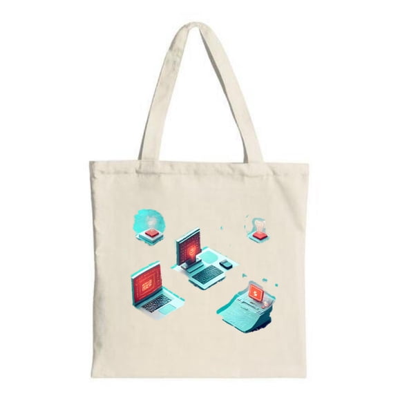 Stylish Canvas Tote Bag with Tech Design: Features laptops and tablet with vibrant red screens perfect for shopping travel and parties