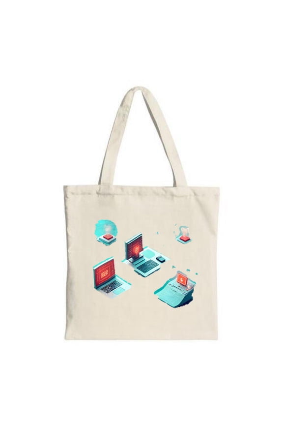 Stylish Canvas Tote Bag with Tech Design: Features laptops and tablet with vibrant red screens perfect for shopping travel and parties
