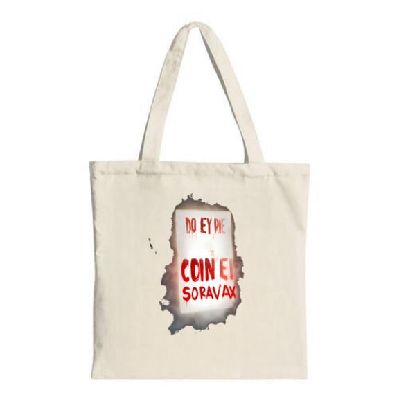 Stylish Canvas Tote Bag with Torn Paper Effect Design Bold Red Message: " DO EY PE COIN SORAVAY " - Perfect for Shopping & Travel
