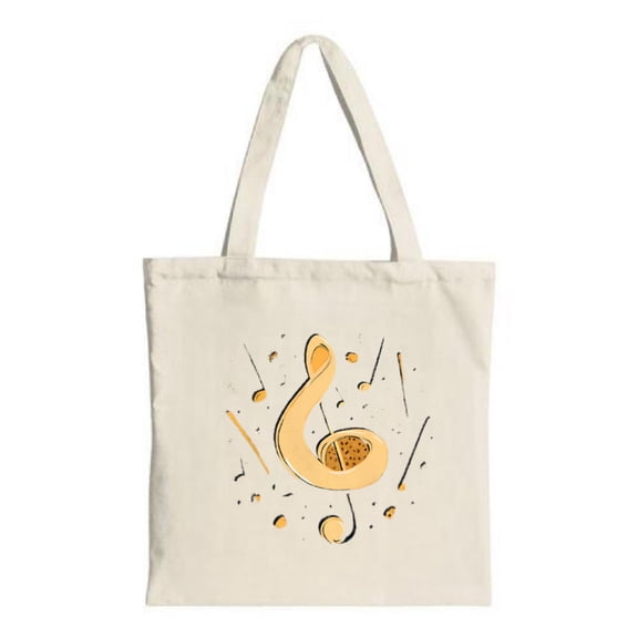 Stylish Canvas Tote Bag with Treble Musical Notes Design in Orange & Yellow on Beige - Perfect for Shopping Travel & Parties