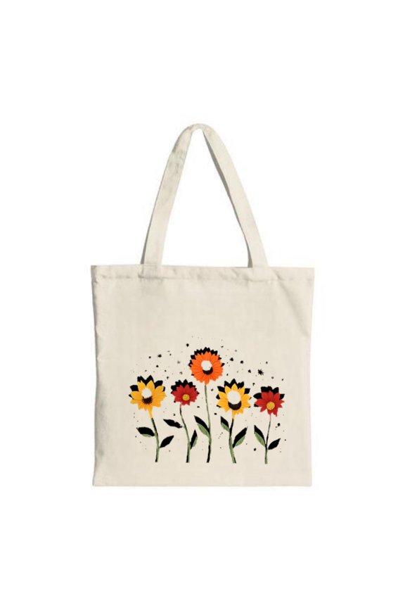 Stylish Canvas Tote Bag with Vibrant Flowers in Orange Yellow and Red Black Centers Green Stems - Perfect for Shopping and Travel