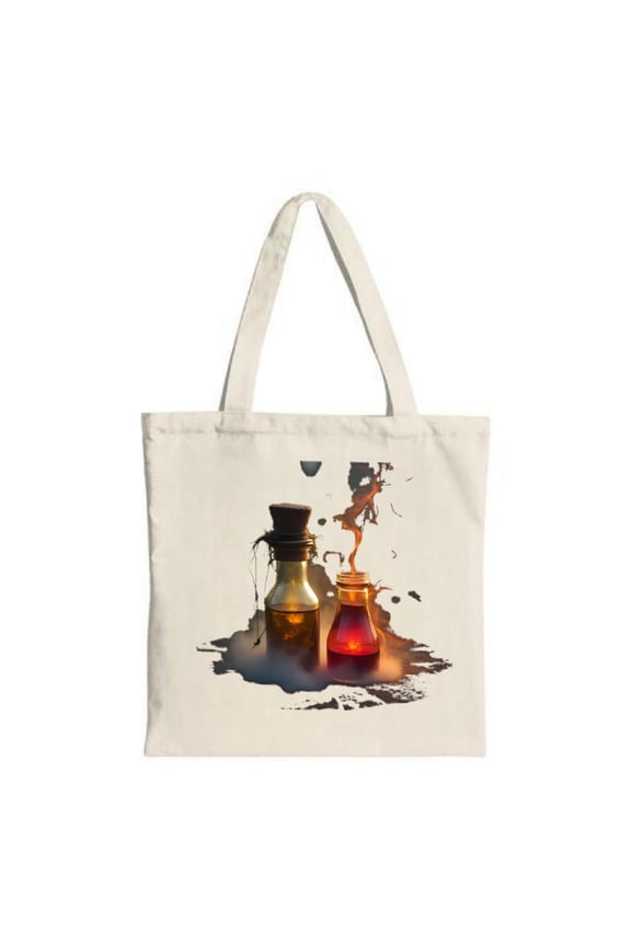 Stylish Canvas Tote Bag with Vibrant Golden & Red Potion Bottles Design - Perfect for Shopping Travel & Parties