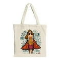 thumbnail image 1 of Stylish Canvas Tote Bag with Vibrant Illustration of Woman in Dress & Cape Artistic Text Design Perfect for Shopping & Travel, 1 of 4