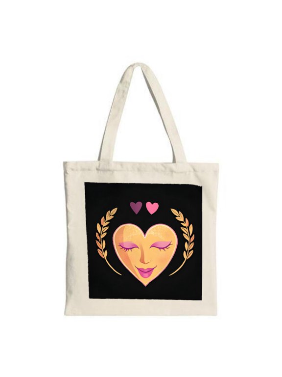 Smiling Face Tote Bag with Golden Laurel Leaves on Black Serene Expression Perfect for Shopping Travel & Parties