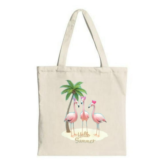 Tote Bag - Canvas Multifunctional Reusable Shopping Bag with Pink Flamingos & Palm Tree Design Perfect for Summer Parties & Travel