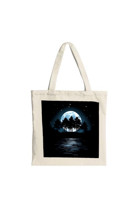 Moonlit Lake Canvas Tote Bag - Multifunctional Reusable Shopping Bag with Serene Night Sky Design Perfect for Travel & Parties