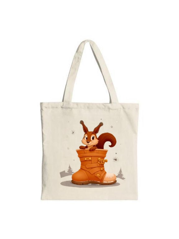 Cheerful Squirrel in Orange Boot Tote Bag - Winter Scene Canvas Bag Perfect for Shopping Travel & Parties Reusable & Stylish